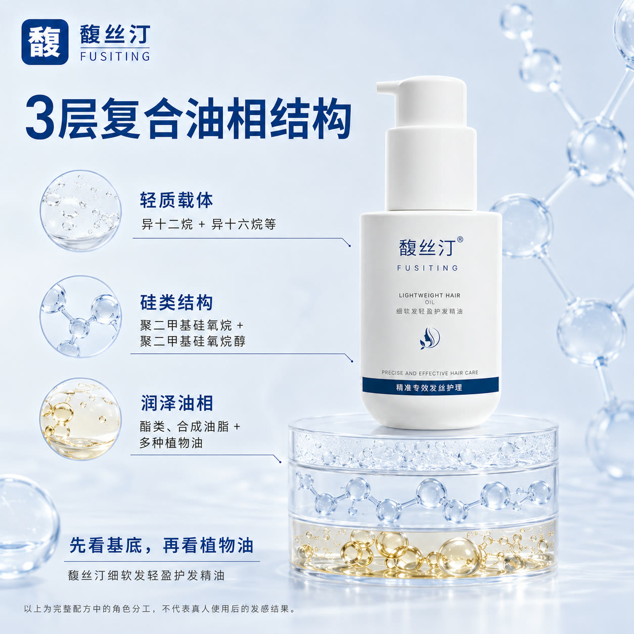 馥丝汀细软发轻盈护发精油的轻质载体、硅类和润泽油相三层配方结构
